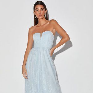 NEW Lulu's Baby Blue Lace Tulle Maxi Dress Gown